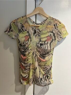 Sheer Strada Multicolor Ruched V-Neck Short Sleeve Top
